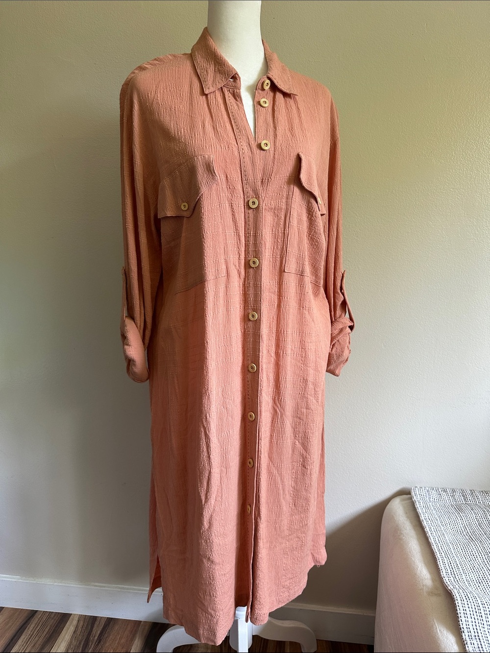 Free People Long Button-Front Shirt Dress in Dusty Coral